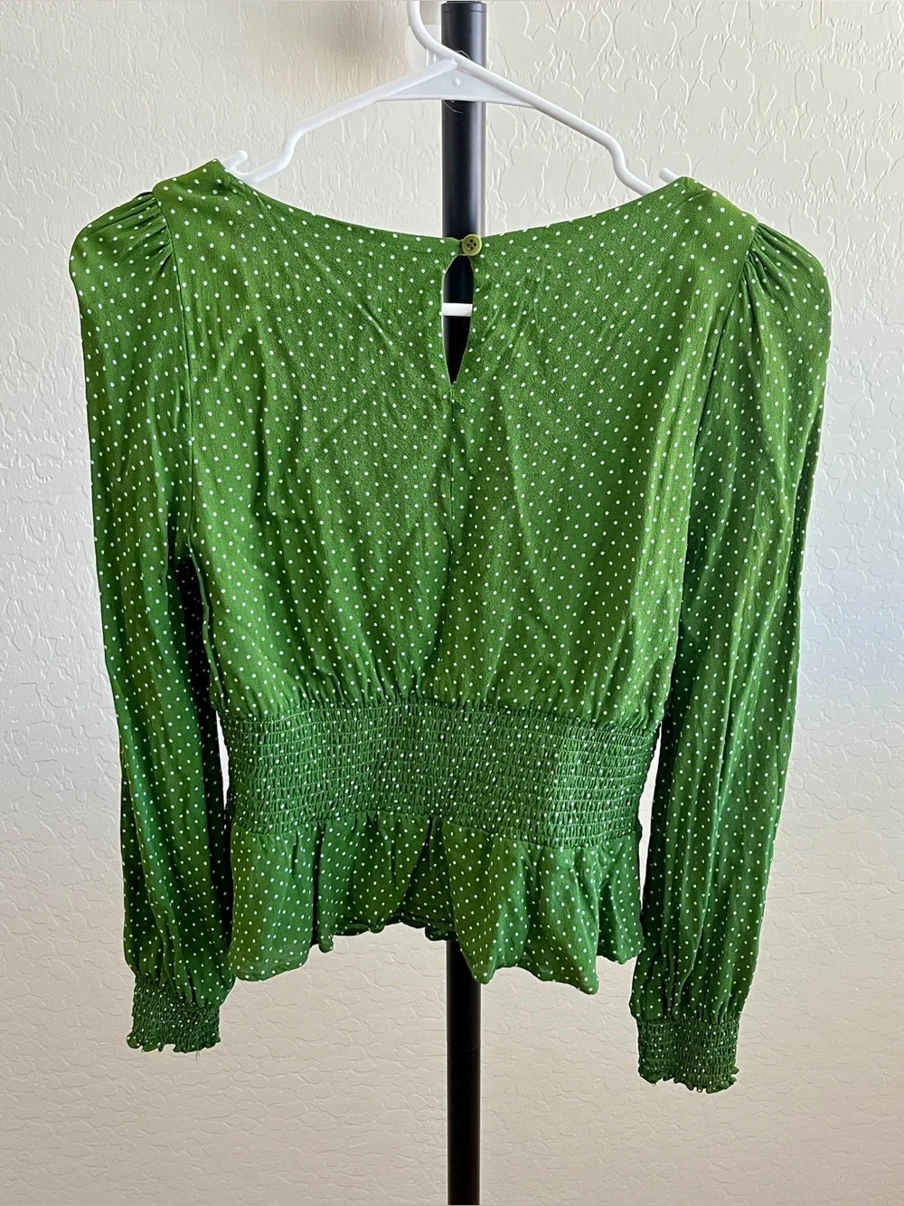 Reformation Hearth Green Polka Dot Smocked Blouse